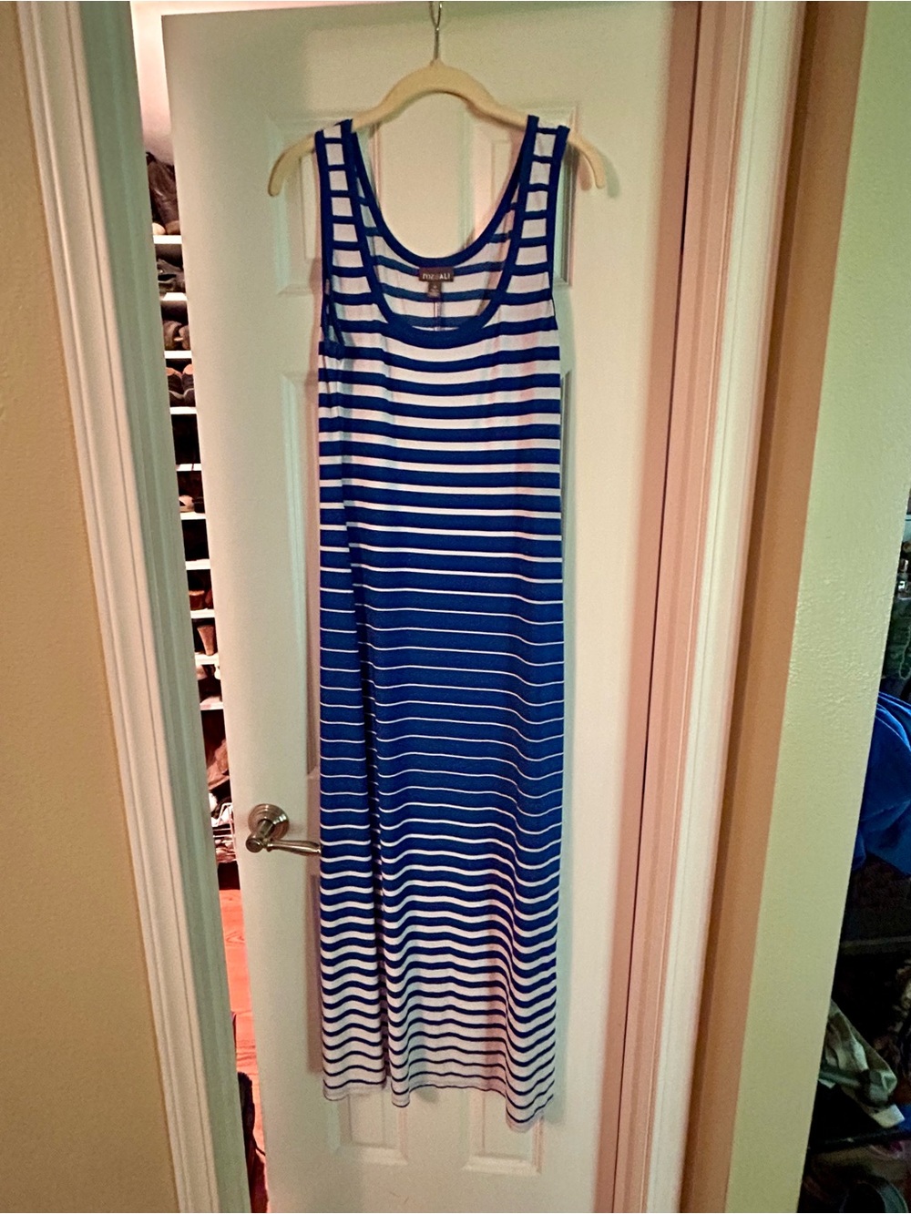 Blue and White Striped Stretchy Sleeveless Maxi Dress